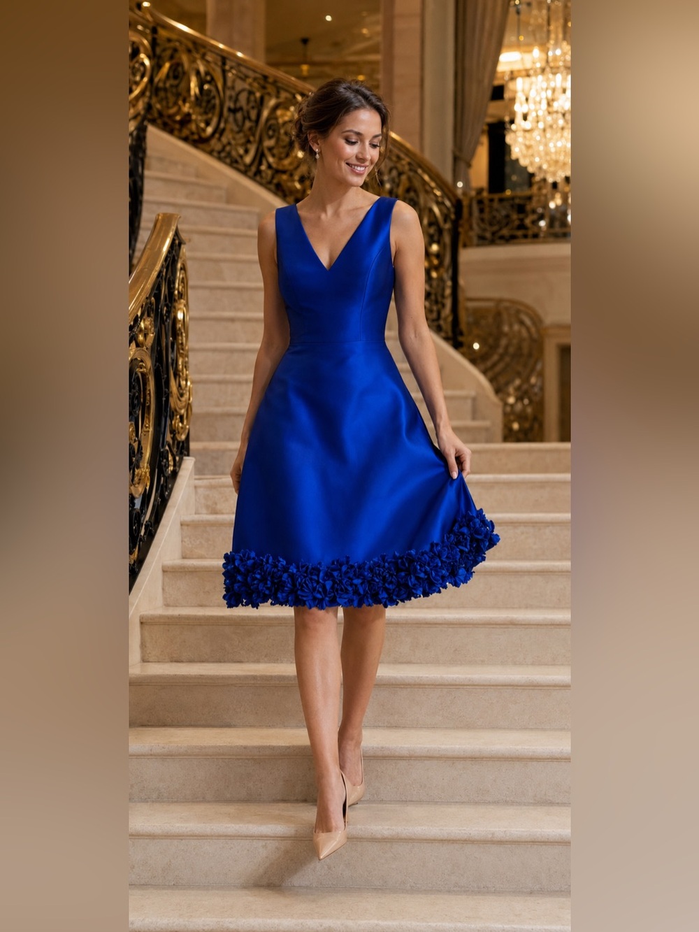 Donna Ricco Royal Blue V-Neck Floral Ruffle Hem Dress Size 4